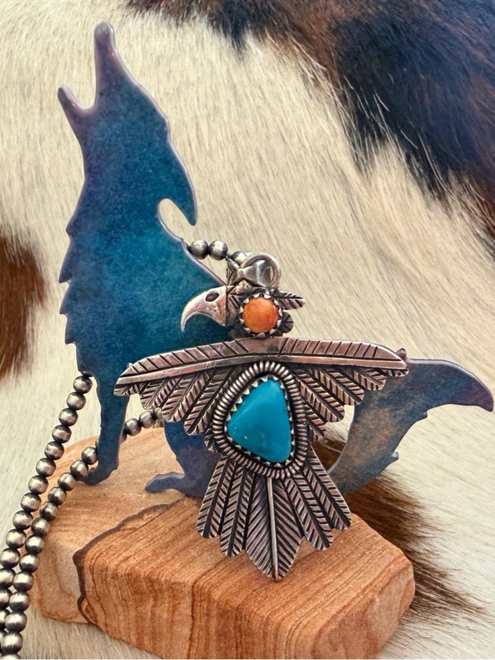 ❤️ Kingman Turquoise Spiny Oyster Thunderbird Navajo Sterling Statement Pendant